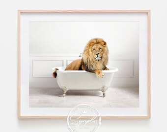 Lion in a Bathtub, Lion Taking a Bath, Lion Bathing, Whimsy Animal, Safari Bathroom Art, Washroom Wall Art, Animal Printable Art by Synplus