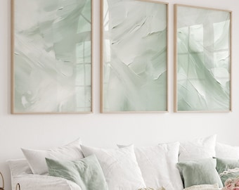 Sage Green Wall Art Prints, Abstract Set of 3 Prints, Neutral Wall Print, Green, White, Modern Bedroom Living Room Wall Decor, Printable Art