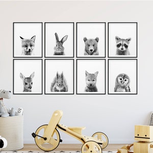 Woodland Nursery Decor, Baby Animals Set of 8, Bunny, Fox, Bear, Deer, Woodland Animal Prints, Black & White Nursery Wall Art, Printable Art image 3