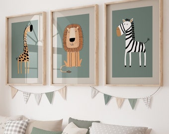 Stampe da parete per la cameretta in stile boho, stampe da parete safari per la cameretta, set di 3 stampe, stampe verdi per la cameretta, stampe boho per la cameretta, decorazioni per la cameretta, stampe artistiche