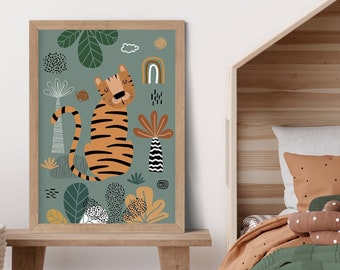 Boho Nursery Wall Art, Safari Nursery Print, Tiger Print, Jungle Animal, Green Nursery Decor, Kids Room, Nursery Wall Decor, Printable Art