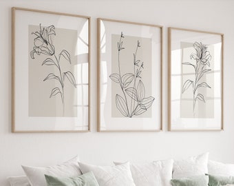 Set of 3 Neutral Wall Art Prints, Botanical Line Art, Beige Plant Prints, Minimalist Modern Bedroom Living Room Wall Decor, Printable Art