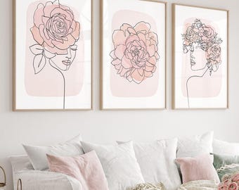 Abstrakta linjekonsttryck, kvinna rosa blommor set 3, rodnande rosa ros, flickatryck, minimalistisk modern sovrum vardagsrum väggdekor, utskrivbar