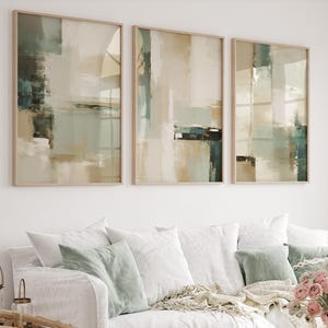 3er-Set Abstrakter Druck, Salbei Grün Beige Malerei Wandkunst, Neutrale Töne Pinselstriche Minimalistische Schlafzimmer Wohnzimmer Wanddekoration, printable