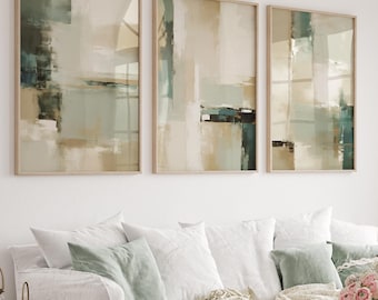 Set of 3 Abstract Print, Sage Green Beige Painting Wall Art, Neutral Tones Brushstrokes Minimalist Bedroom Living Room Wall Decor, Printable