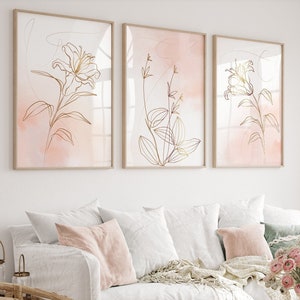 Beige and Pink Wall Art Prints, Botanical Line Art, Gold Effect Plant Prints Set of 3, Bedroom Living Room Wall Decor, Nursery Printable Art