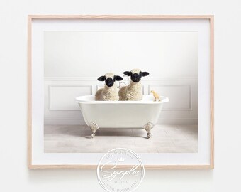 Blacknose Lamb in Bathtub Printable Art, Lambs & Chick Bathing, Whimsy Animal, Bathroom Art, Farm Animals, Baby Animals Art Print by Synplus