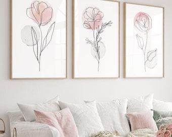 Set of 3 Botanical Line Art Prints, Pink & Gray Watercolor Wall Art, Minimalist Modern Girls Room Nursery Bedroom Wall Decor, Printable Art