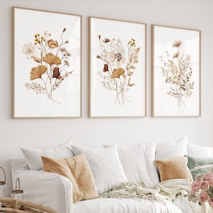 Watercolor Botanical Prints, Wildflowers Wall Art, Floral Farmhouse Art, Set of 3 Beige Plant Prints, Neutral Modern Home Decor, Printable