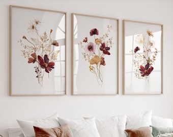 Wildflower Gallery Wall Art, Watercolor Botanical Print Set of 3, Wild Flowers Art Prints, Floral Wall Art, Modern Home Decor, Printable Art