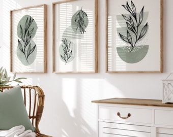 Stampe artistiche astratte in stile boho per pareti, arte murale verde salvia, set di 3 stampe artistiche boho, decorazioni murali neutre verdi per camera da letto e soggiorno, stampe artistiche