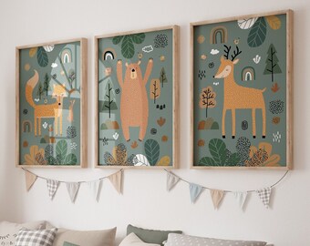 Woodland kwekerij muur prints, Boho kwekerij kunst aan de muur, set van 3 prints, groene kwekerij prints, bosrijke kwekerij decor, kinderkamer afdrukbare kunst