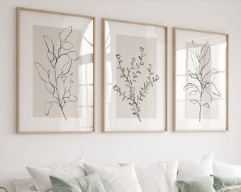 Neutral Wall Art Prints, Botanical Line Art, Set of 3 Beige Plant Prints, Minimalist Modern Bedroom Living Room Wall Decor, Printable Art