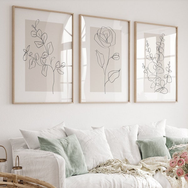 Neutral Wall Art Prints, Botanical Line Art, Set of 3 Beige Plant Prints, Minimalist Modern Bedroom Living Room Wall Decor, Printable Art