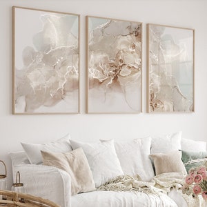 Neutral Abstract Set of 3 Prints, Marble Wall Art Prints, Beige Wall ...