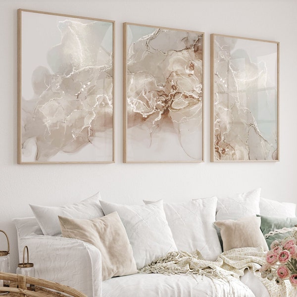 Ensemble abstrait neutre de 3 tirages, tirages d'art de mur de marbre, art de mur beige, décor de mur beige et gris, chambre à coucher moderne, art imprimable de salon