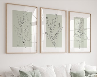 Sage Green Wall Art Prints, Botanical Line Art, Set of 3 Prints, Minimalist Modern Neutral Bedroom Living Room Wall Decor, Printable Art