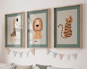 Boho kwekerij muur prints, Safari kwekerij prints, neutrale beige kwekerij kunst aan de muur, groene kwekerij muur decor, set van 3 prints, afdrukbare kunst