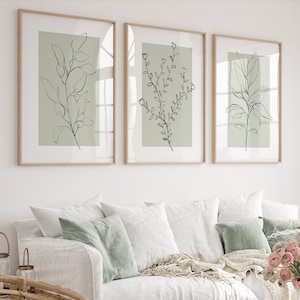 Sage Green Wall Art Prints, Botanical Line Art, Set of 3 Prints, Minimalist Modern Neutral Bedroom Living Room Wall Decor, Printable Art