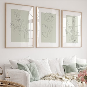 Sage Green Wall Art Prints, Botanical Line Art, Set of 3 Prints, Minimalist Modern Neutral Bedroom Living Room Wall Decor, Printable Art