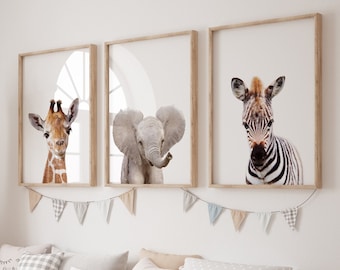 Safari Nursery Wall Art, Safari Animals Set of 3 Prints, Giraffe, Elephant, Zebra, Neutral Nursery Wall Art, Nursery Decor, Printable Art