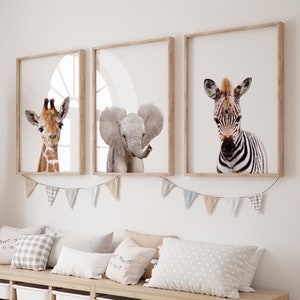 Safari Nursery Wall Art, Safari Animals Set of 3 Prints, Giraffe, Elephant, Zebra, Neutral Nursery Wall Art, Nursery Decor, Printable Art