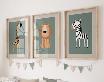 Boho Nursery Wall Art, Safari Nursery Wall Prints, Set of 3 Prints, Green Nursery Prints, Boho Nursery Prints, Nursery Decor, Printable Art