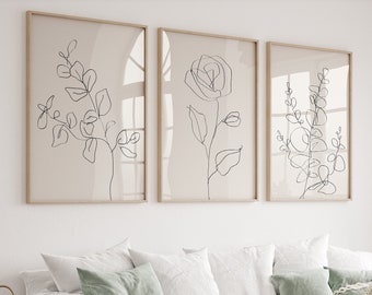 Neutral Wall Art Prints, Botanical Line Art, Set of 3 Beige Plant Prints, Minimalist Modern Bedroom Living Room Wall Decor, Printable Art