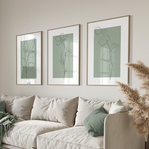 Sage Green Wall Art Prints, Botanical Line Art, Set of 3 Prints ...