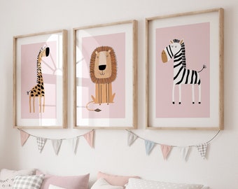 Safari Nursery Wall Prints, Pink Nursery Prints, Set of 3 Prints, Girl Nursery Prints, Nursery Wall Art, Pink Nursery Decor, Printable Art