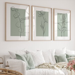Sage Green Wall Art Prints, Botanical Line Art, Set of 3 Prints ...