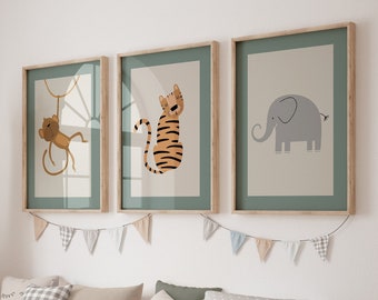 Safari kwekerij muur prints, set van 3 prints, beige groene kwekerij prints, Boho kwekerij kunst aan de muur, neutraal kinderdagverblijf decor, afdrukbare kunst