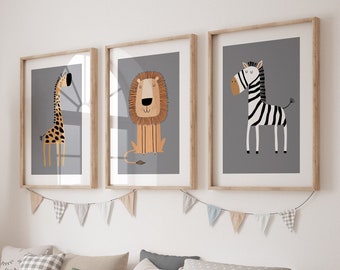 Väggtavlor med safari-motiv för barnrum, bohemiska barnrumstavlor, set med 3 tavlor, grå barnrumstavlor, bohemisk väggkonst för barnrum, barnrumsdekor, utskrivbar konst