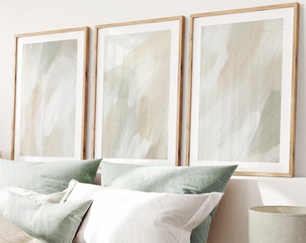 Set of 3 Abstract Print, Sage Green White & Beige Painting Wall Art, Neutral Soft Tones Minimalist Bedroom Living Room Wall Decor, Printable