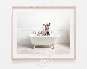 Baby Zebra in Bathtub Printable Art, Zebra Bathing, Whimsy Animal, Bathroom Art, Kids Bathroom Decor, Animals in Bathtubs Art by Synplus