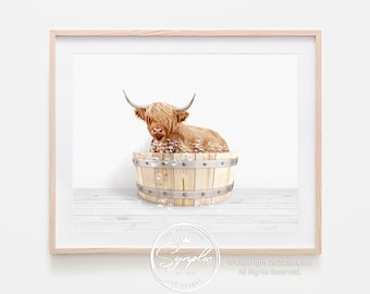 Highland Cow in Wooden Bathtub Printable Art, Cow Bathing, Cow Taking a Bath, Bathroom Art, Washroom Decor, Animal in Bathtub Art by Synplus