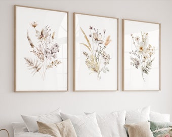 Watercolor Botanical Prints Set of 3, Wild Flowers Art, Floral Farmhouse Art, Gallery Wall Art, Neutral Modern Home Decor Art, Printable Art