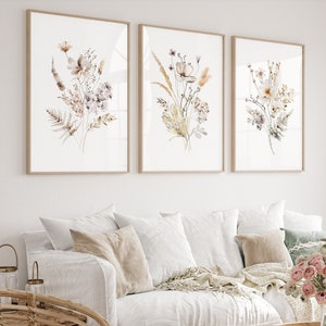Watercolor Botanical Prints Set of 3, Wild Flowers Art, Floral Farmhouse Art, Gallery Wall Art, Neutral Modern Home Decor Art, Printable Art
