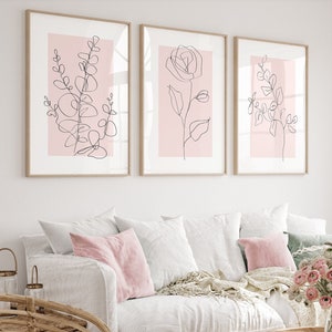 Pink Wall Art Prints, Botanical Line Art, Set of 3 Plant Wall Prints, Minimalist Modern Girls Room Nursery Bedroom Wall Decor, Printable Art