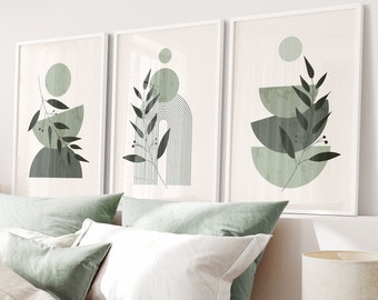 Stampe artistiche da parete verde salvia, set di 3 stampe astratte boho, decorazioni da parete boho, decorazioni da parete per camera da letto e soggiorno verde neutro, arte stampabile