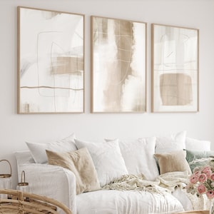 Modern Abstract Wall Art Set of 3 Prints, Beige Abstract Art, Neutral Brush Stroke Art, Minimalist Line Art, Printable Gallery Wall Decor