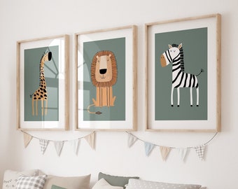 Boho Nursery Wall Art, Safari Nursery Wall Prints, Set of 3 Prints, Green Nursery Prints, Boho Nursery Prints, Nursery Decor, Printable Art