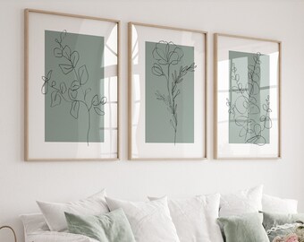 Sage Green Wall Prints Botanical Line Art Set of 3 Prints - Etsy