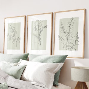Sage Green Wall Art Prints, Botanical Line Art, Set of 3 Prints, Minimalist Modern Neutral Bedroom Living Room Wall Decor, Printable Art