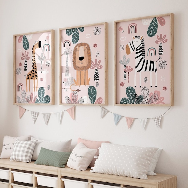 Safari Kinderzimmer Wand Drucke, Boho Kinderzimmer Drucke, 3er Set Drucke, Rosa Kinderzimmer Drucke, Boho Kinderzimmer Wandkunst, Kinderzimmer Dekor, druckbare Kunst