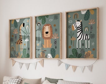 Safari Nursery Wall Prints, Boho Nursery Prints, Set of 3 Prints, Green Nursery Prints, Boho Nursery Wall Art, Nursery Decor, Printable Art
