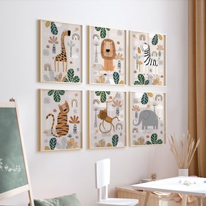 Impresiones de pared de vivero Safari, conjunto de vivero Boho de 6 impresiones, beige claro, impresiones de vivero verde, arte de pared de vivero Boho, decoración de vivero imprimible