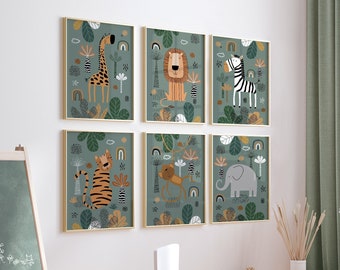Safari Nursery Wall Prints, Boho Nursery Prints, Set of 6 Prints, Green Nursery Prints, Boho Nursery Wall Art, Nursery Decor, Printable Art