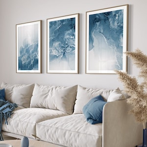 Blue Abstract Set of 3 Wall Art Prints, Marble Wall Prints, Navy Blue & Grey Wall Art, Modern Bedroom Living Room Wall Decor, Printable Art