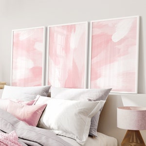 Set of 3 Abstract Prints, Pink and White Brush Strokes Painting Wall Art, Minimalist Modern Girls Room Nursery Bedroom Wall Decor, Printable